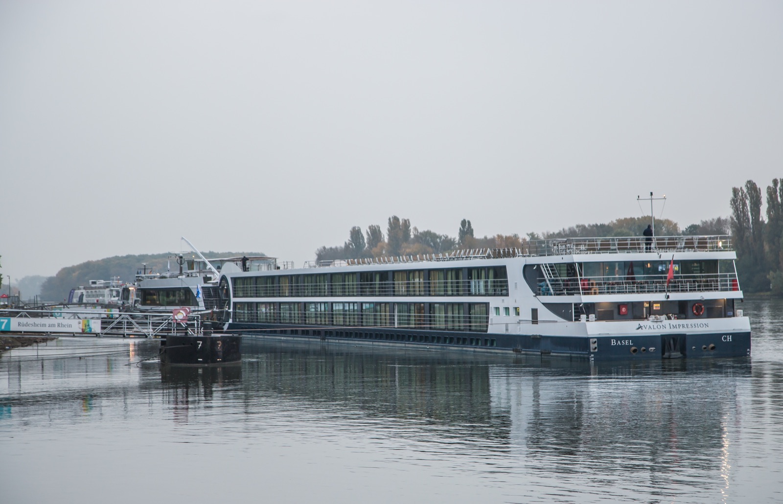 A long, low river cruise ship moored on the Rhine at Rüdesheim