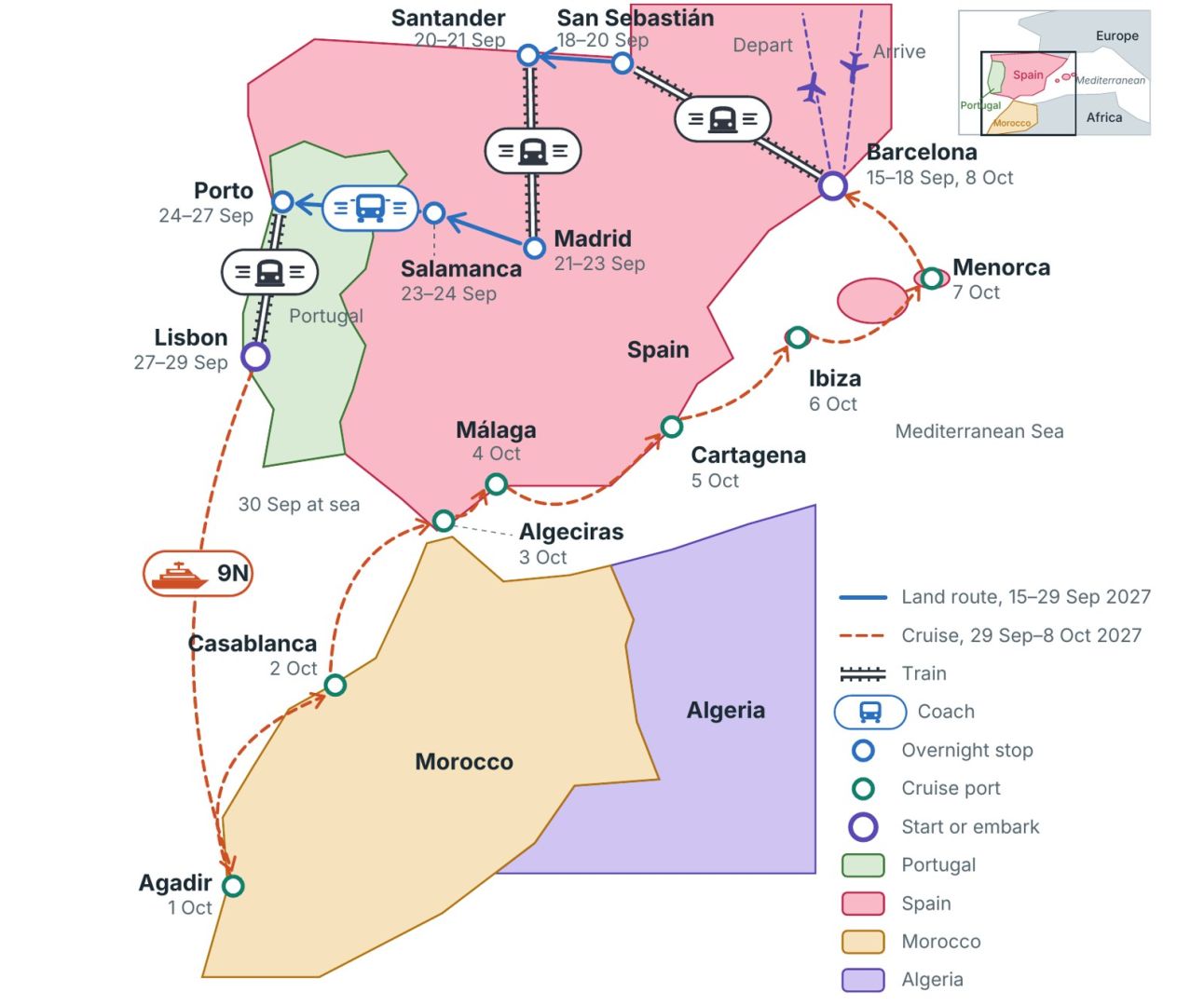Map of the tour: the land route from Barcelona to Lisbon and the cruise from Lisbon via Morocco back to Barcelona
