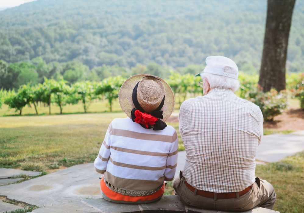 Older Couple Resting Vineyard View